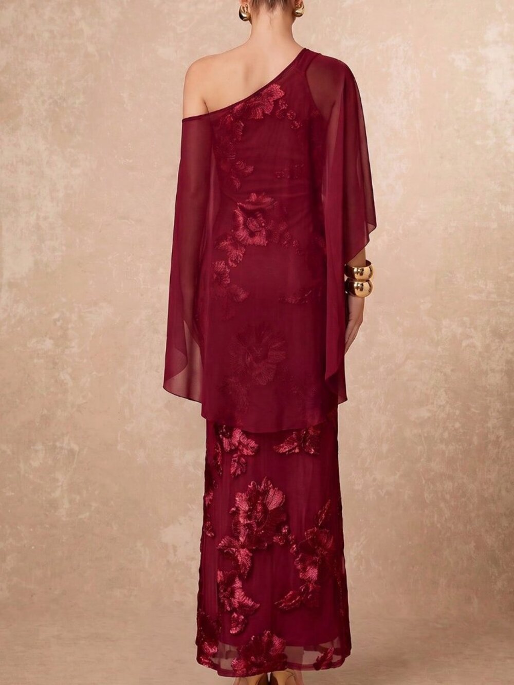 Burgundy Party Women's Asymmetrical Shoulder Sleeveless Fitted Mesh Dress - Picture 8 of 10